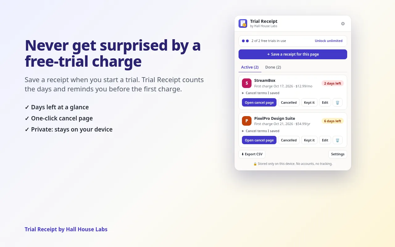 Trial Receipt screenshot